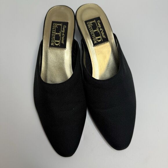 Vintage Coup D’etat Black Fabric Upper Gold Elephant Heel Slip On Mules Sz 7.5 - Picture 3 of 9